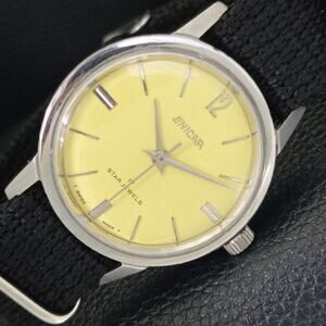 Vintage 1984 Enicar Automatic Mens Silver Watch & Yellow accents